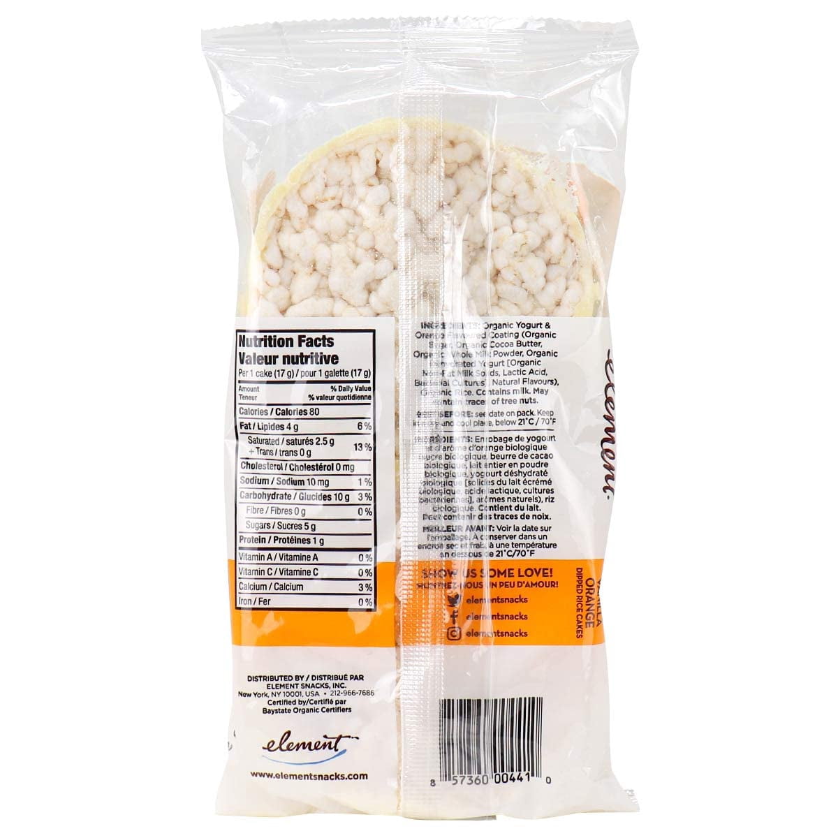Element Snacks Organic Rice Cake Vanilla Orange, 3.5 oz | Pack of 6
