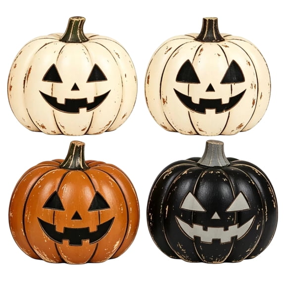 Halloween Pumpkin Tabletop Decor, Distressed Jack-O-Lantern Style, 4 Pack Vintage Assorted Color, Perfect for Halloween Home Shelf Mantel Party Desktop Decoration Holiday Indoor Seasonal Display
