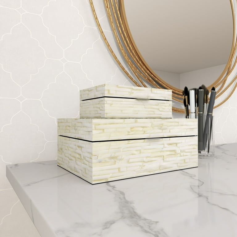 Decmode White Marble Decorative Box with Gold Linear Lines, 3 Count, Size: Small