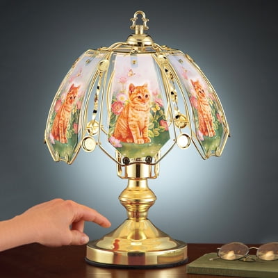 Pink Floral Garden Orange Tabby Cat Glass Shade Touch Desk Table