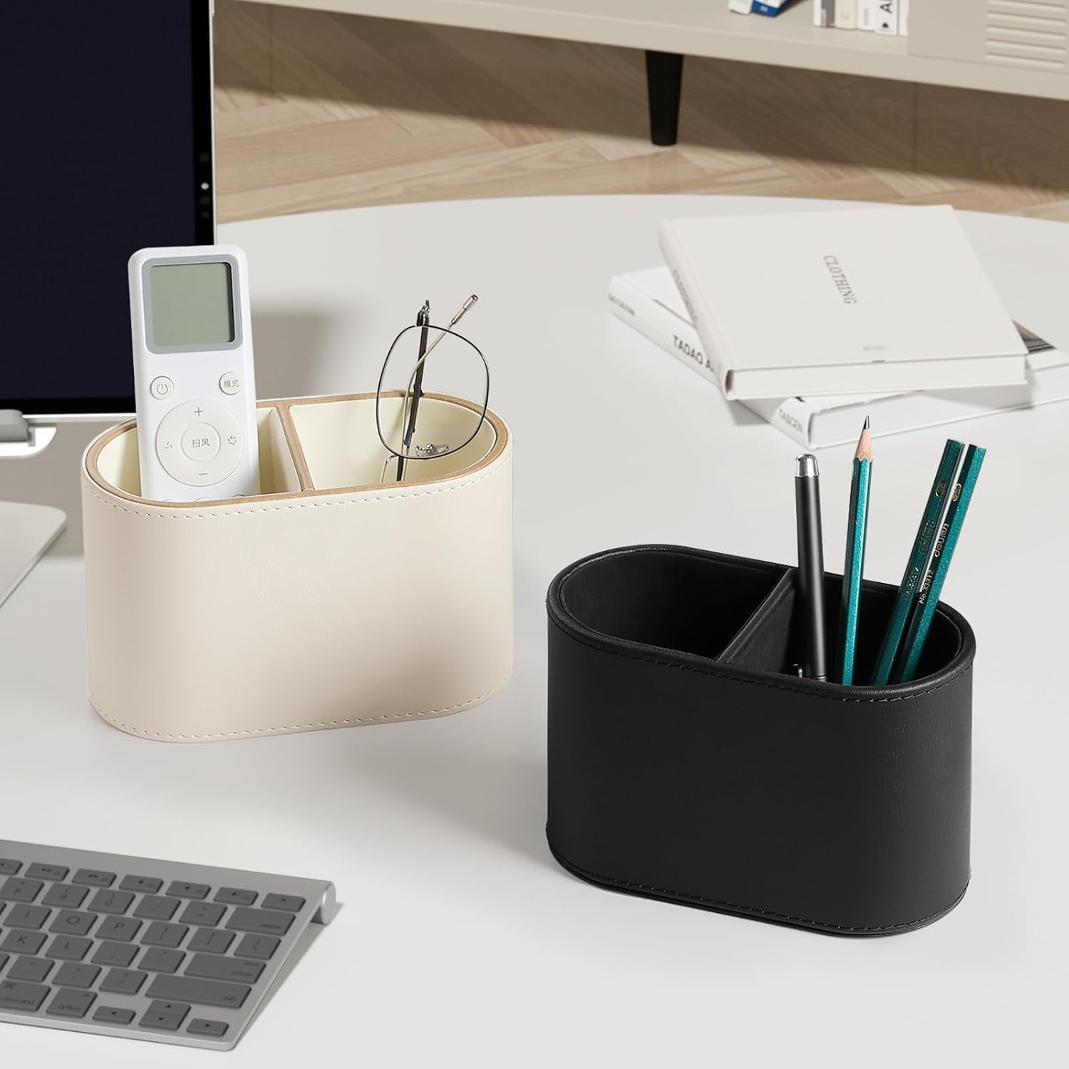 ABCISI PU Leather Pen Holder for Desk, Small Remote Control Holder Pencil Cup Multifunctional Desktop Organizer Caddy for Home School Office Desk Accessories - 2 Compartments (Beige)