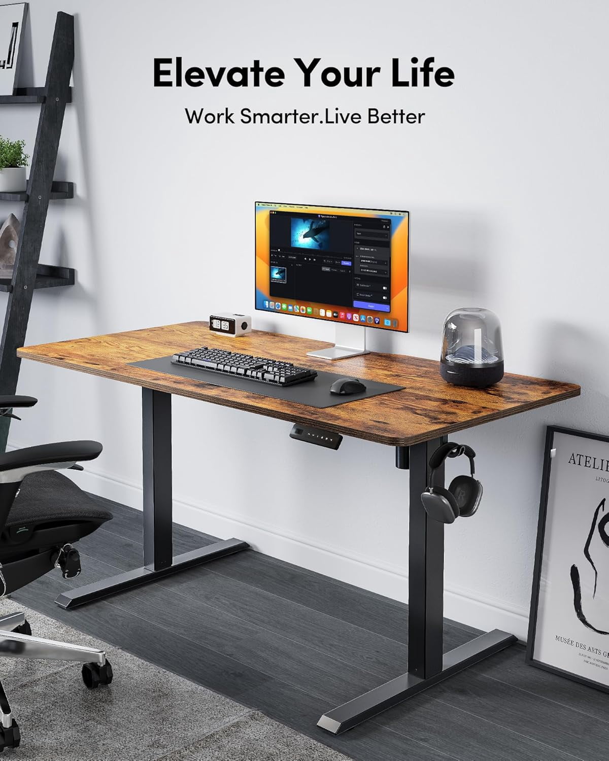 DESINO 55"x28" Electric Standing Desk, Height Adjustable Sit Stand Desk with Memory Presets, Ergonomic Home Office Desk, Anti-Collision Smart Lift Table, Rustic Brown
