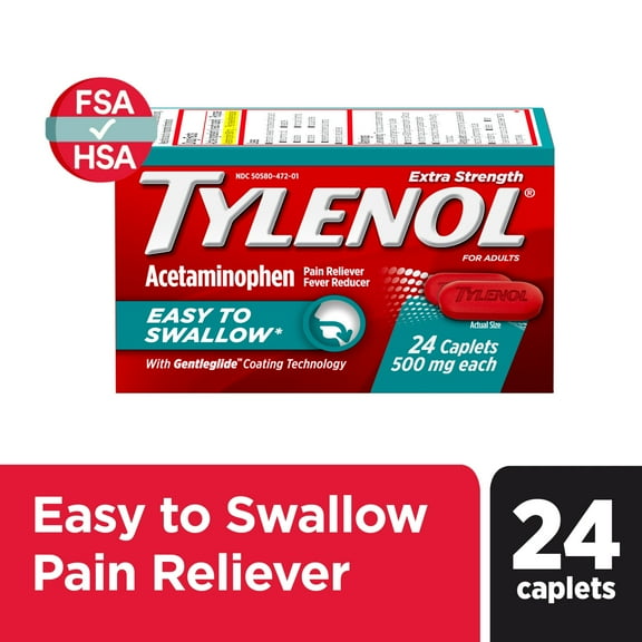 Tylenol Extra Strength Acetaminophen, Easy to Swallow Caplets, 24 Count