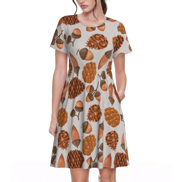 Balery Pinecone Autumn Pattern Vestidos sueltos de manga corta para mujer, vestidos de verano 2025, vestidos casuales de corte A con vuelo.