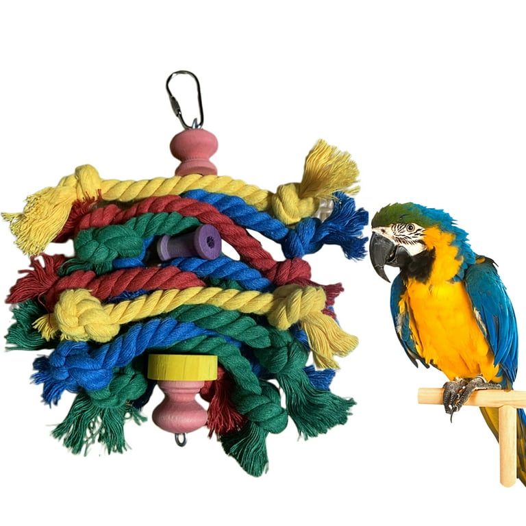 Parrot Toys Bird Cage Toy Colorful Cotton Rope Wood Blocks Training Toy Bird Parrot Hanging Chewing Toy Cage Accessories for Macaws Cockatoos