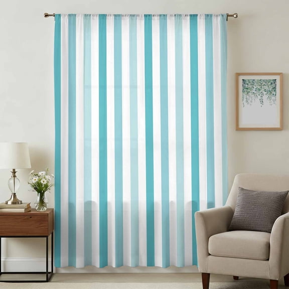 Teal Aqua Stripe Sheer Curtains 45 Inches Long, Gradient Geometric White Vertical Striped Light Filering Curtains, Breathable Simi Curtain Privacy Drapes for Kitchen Bathroom Small Window Treatment