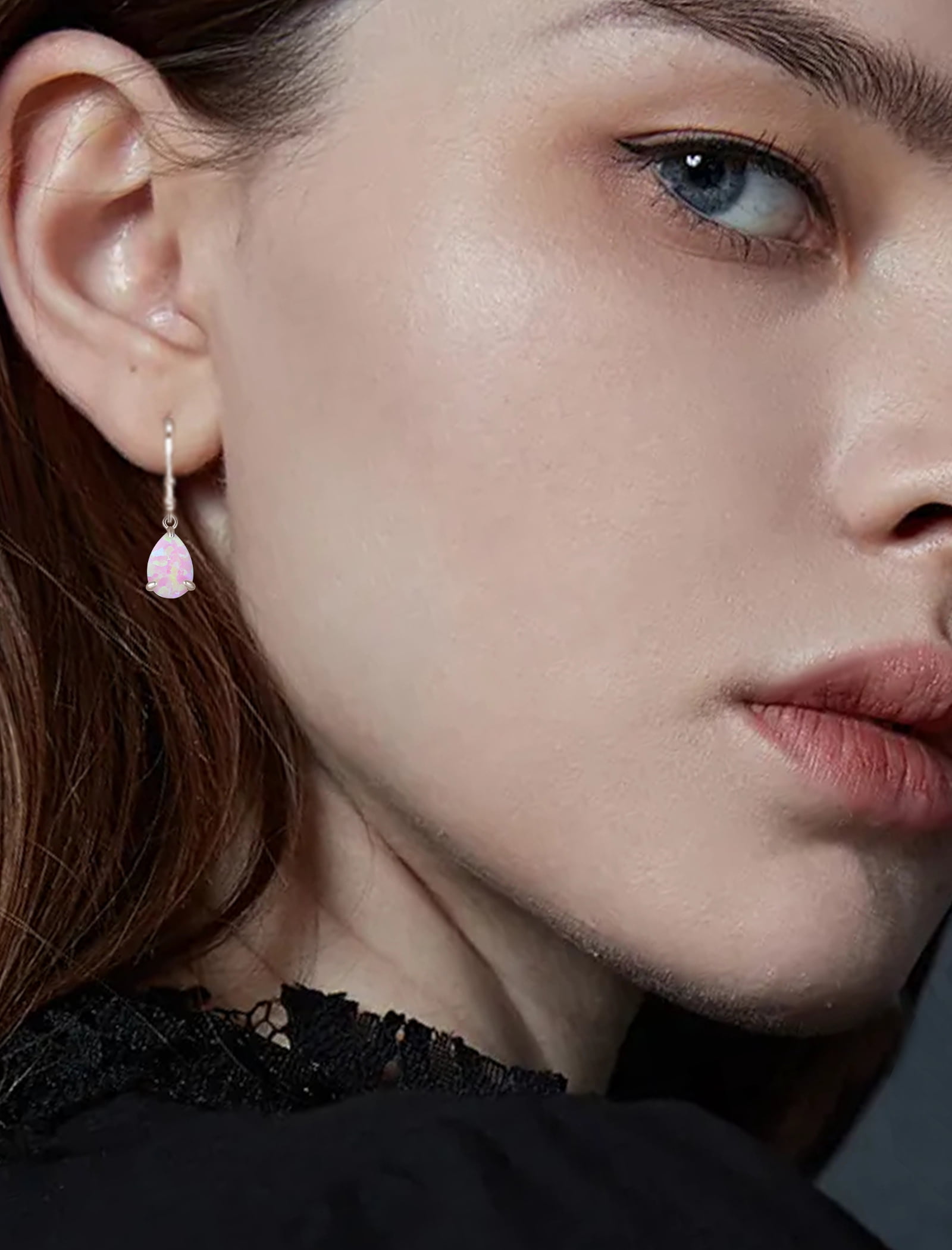 Vesitim Opal Earrings for Women Sterling Silver Teardrop Solitaire Dangle Drop Earring Birthstone Jewelry Gift Created Pink Opal