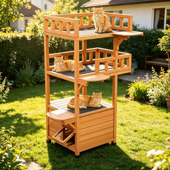 Multi-level Cat Tree with 3 Jump Platforms Weatherproof Cat Tower Condo with Escape Window for Indoor Outdoor Cats