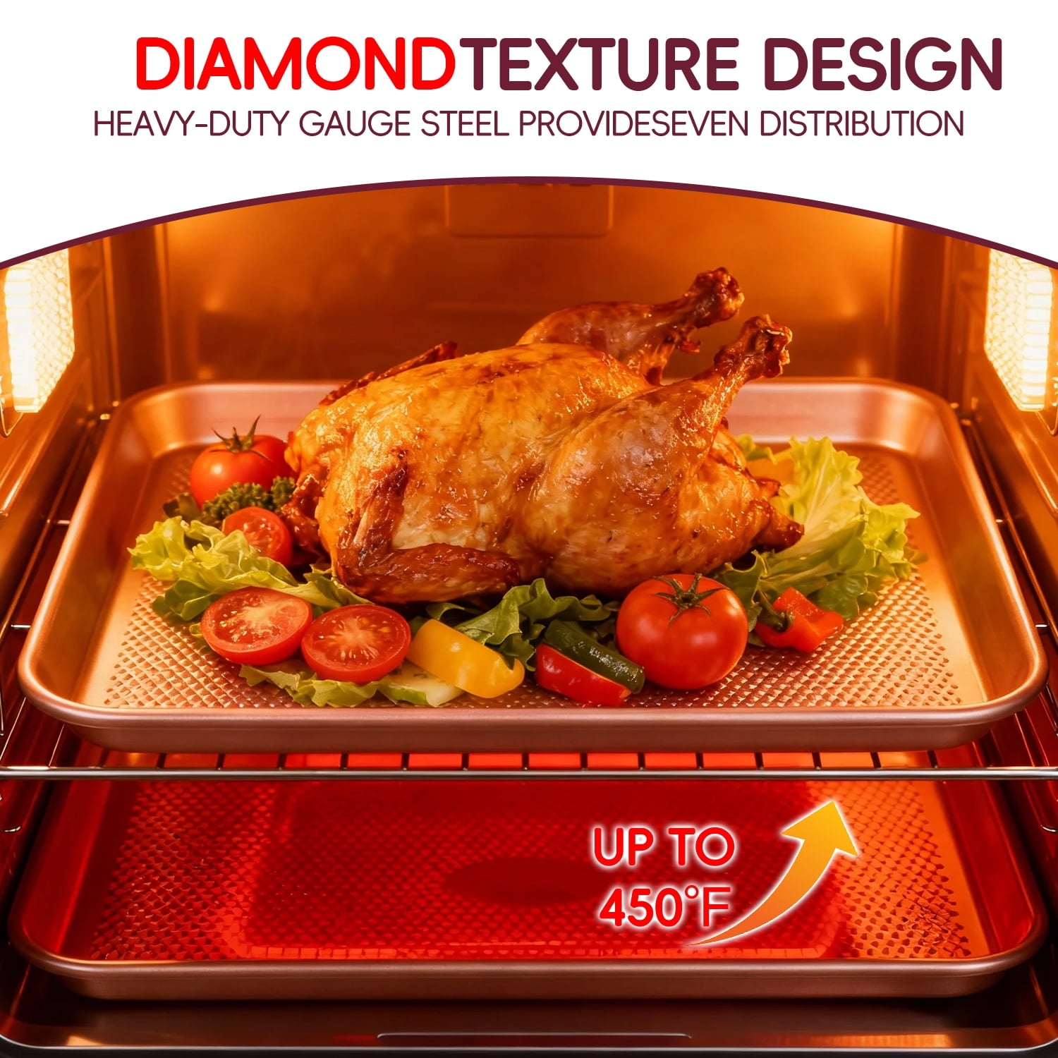 WEPSEN Baking Sheet Pan Set of 3,Carbon Steel Cooking Pans,Diamond Texture Pattern,0.8mm Thick Heavy Duty Cookie Tray,Diamond Gold
