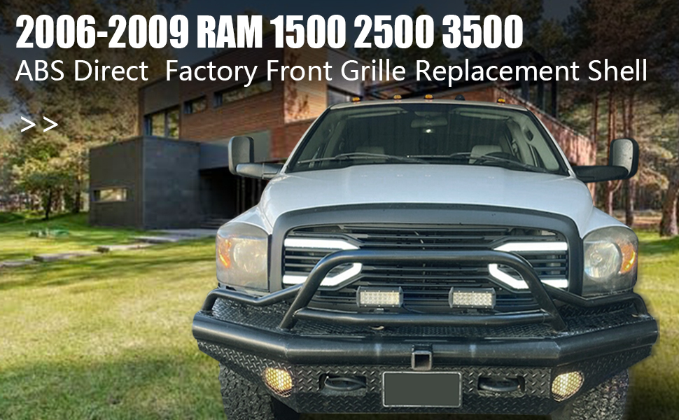 ECOTRIC Front Big Horn Grille Replacement Shell Compatible with 2006 2007  2008 2009 Dodge RAM 1500 2500 3500(W/Light, Black) 並行輸入品