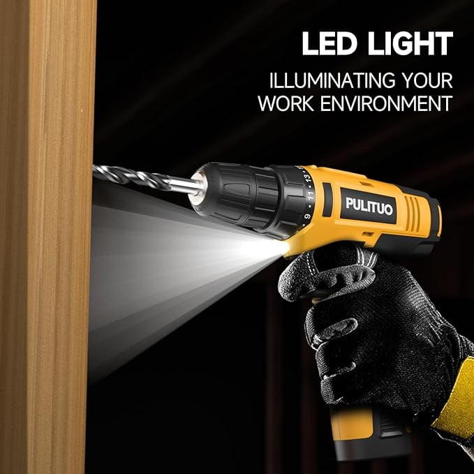 PULITUO 12V Cordless Power Drill Set with Battery and Charger, 3/8" Keyless Chuck, 21+1 Torque Settings, Built-in LED Light, Compact Electric Drill Kit for Home Improvement and DIY Projects(yellow)