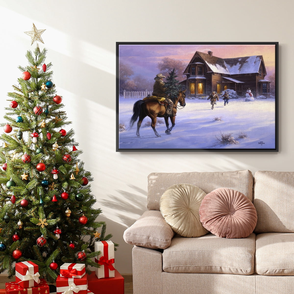 The Day Daddy Brought Home the Tree - Framed Gallery Wrapped Holiday Canvas - 17 x 25 - Black Frame