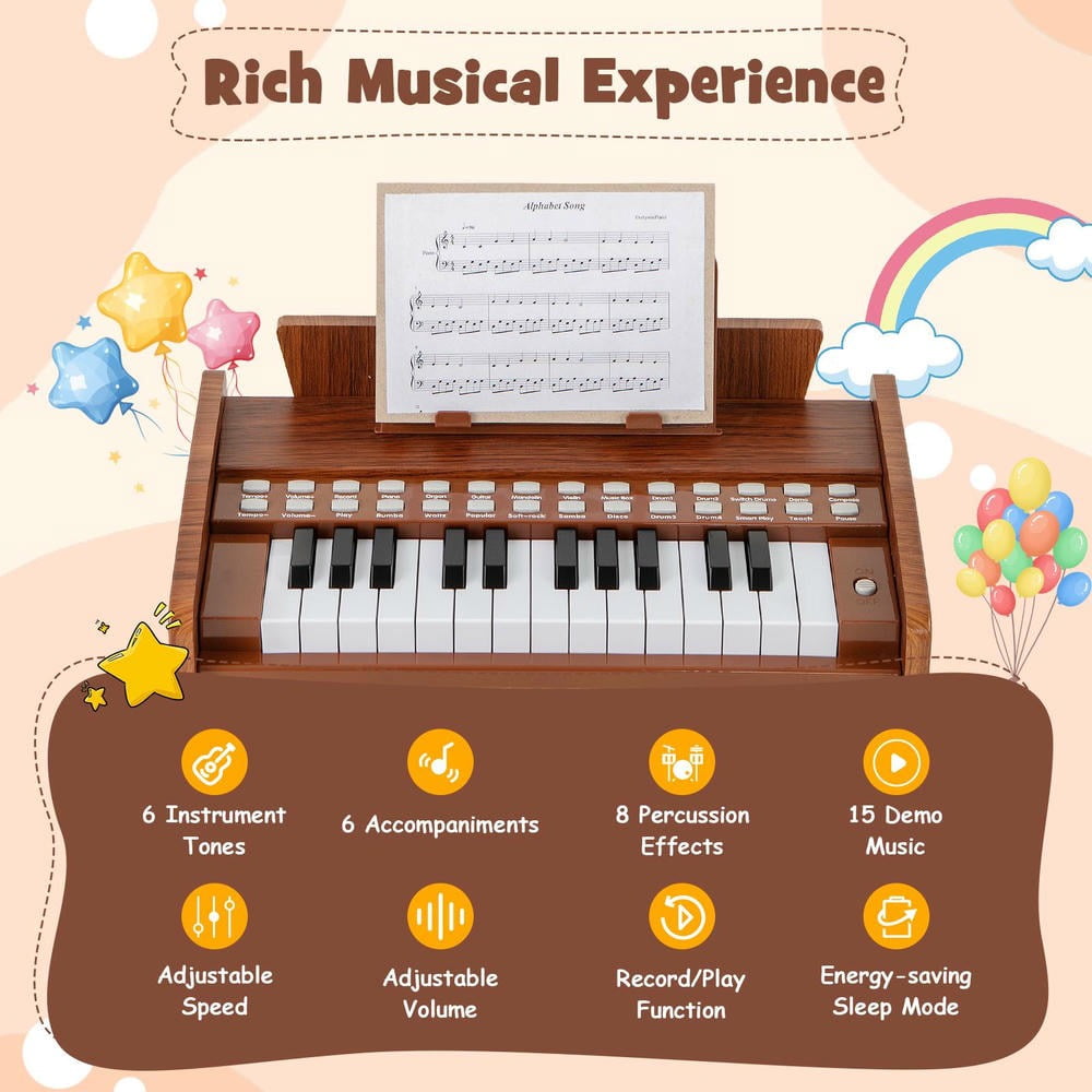 Barara King 25 Keys Portable Music Keyboard Piano with Adjustable Speed and Volume for Toddlers Boys Girls, Beginner, Brown