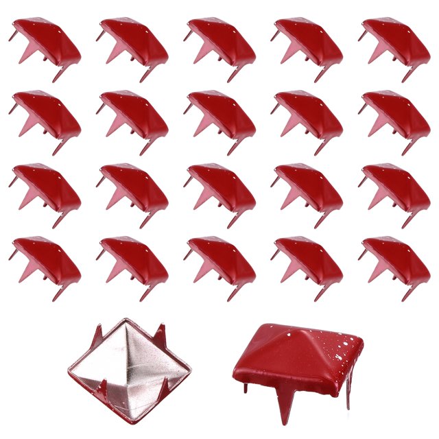 Uxcell 100 piezas de tachuelas piramidales de 10 mm, remaches de acero al carbono de 4 garras para bolsas, zapatos y artesanía en cuero, base roja con manchas blancas