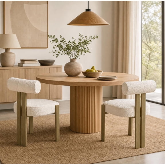 Set of 2 Upholstered Dining Chairs, Modern Boucle Kitchen Chairs with Curved Back, Rubberwood Legs, 16.73 x 19.2 x 28.82 in,White