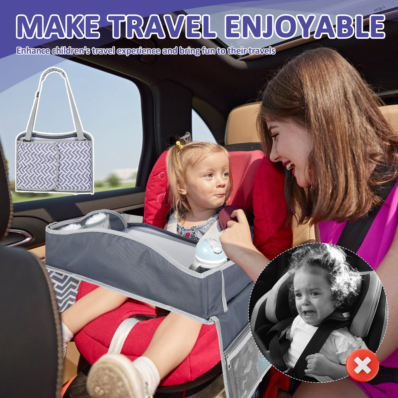 Kids Travel Tray Toddler Car Seat Lap Tray Road Trip Essentials Activity Table No-Drop Tablet Holder & Borders (All Grey)