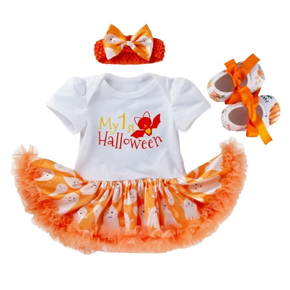 Hpapadks Baby Girl Outfits Halloween Pumpkin Print Short Sleeve Dress Romper Top Hairband Shoes 3 Piece Set Cute Party Wear Baby Girl Clothes Orange 0-3 m