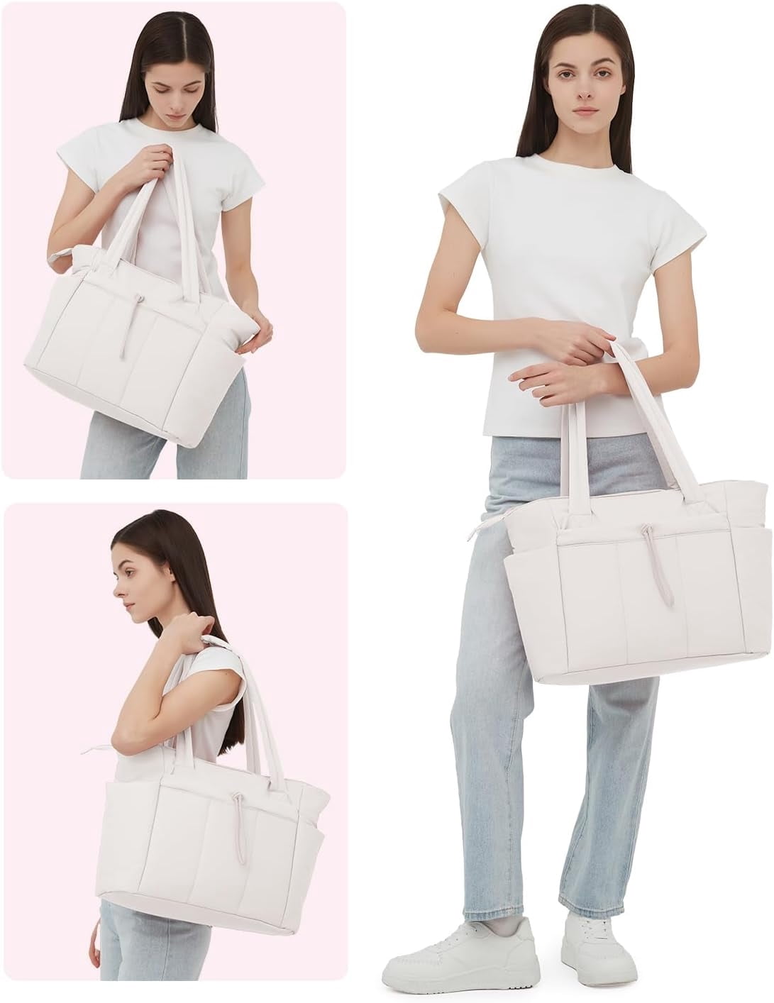 Puffer Tote Bag for Women, Shoulder Bag Handbag with Cup Holder & 15.6" Laptop Compartment & Trolley Sleeve for Travel, Work, Nurse, Lightweight, 20L