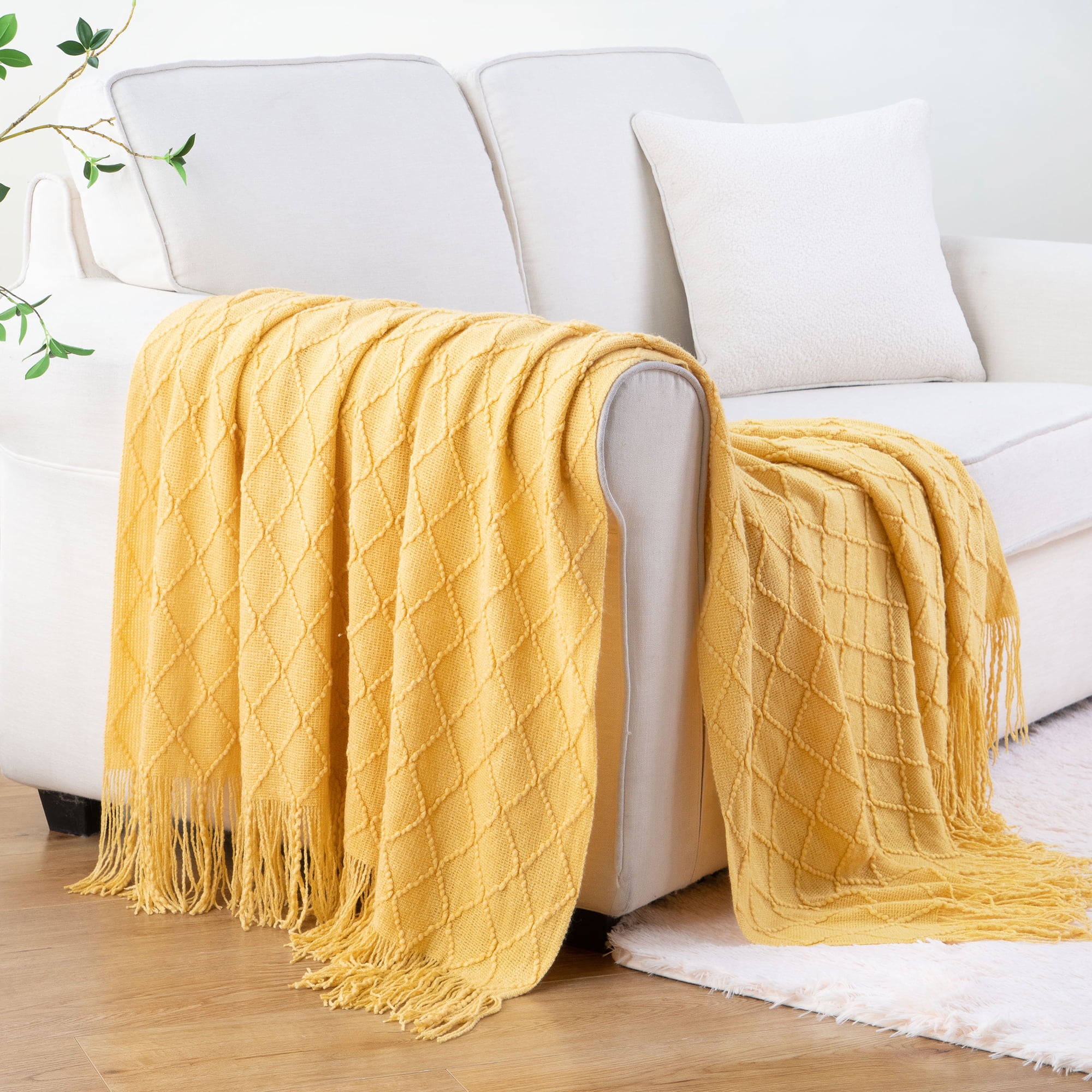 Battilo Mustard Throw Blanket for Couch,Gold Yellow Knit Throw with Fringe,Outdoor Throw ,50"x60"