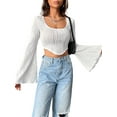 thumbnail image 5 of Biezeib Women´s Textured Crop Tops Long Sleeve Scoop Neck Hanky Hem Solid Color Slim Fit T-Shirt Streetwear, 5 of 6