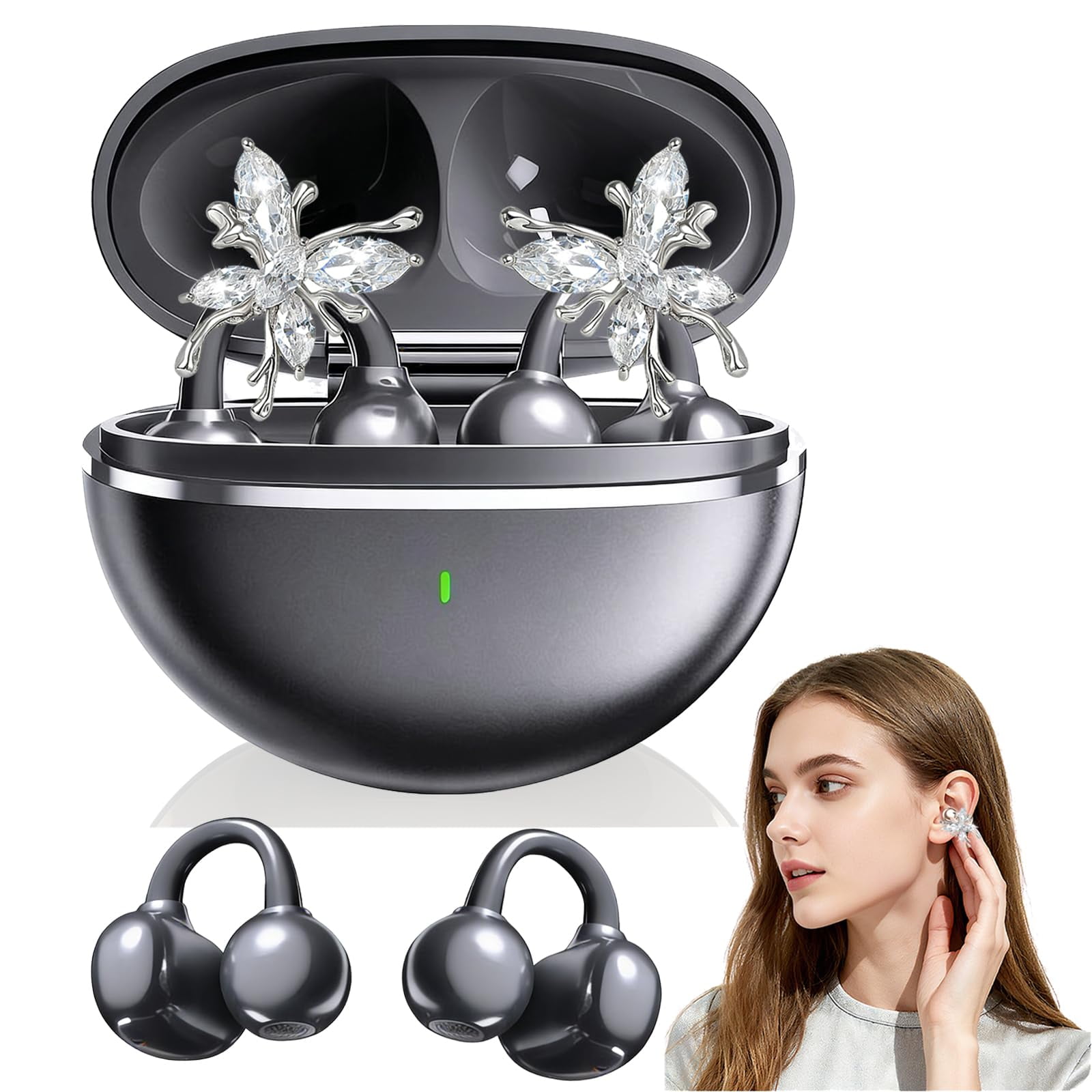 Greatunes Open Ear Earbuds Clip on Wireless Bluetooth Headphones with Mic, Detachable Butterfly Earrings, 50H Playtime, Light Comfort Fit for Sports