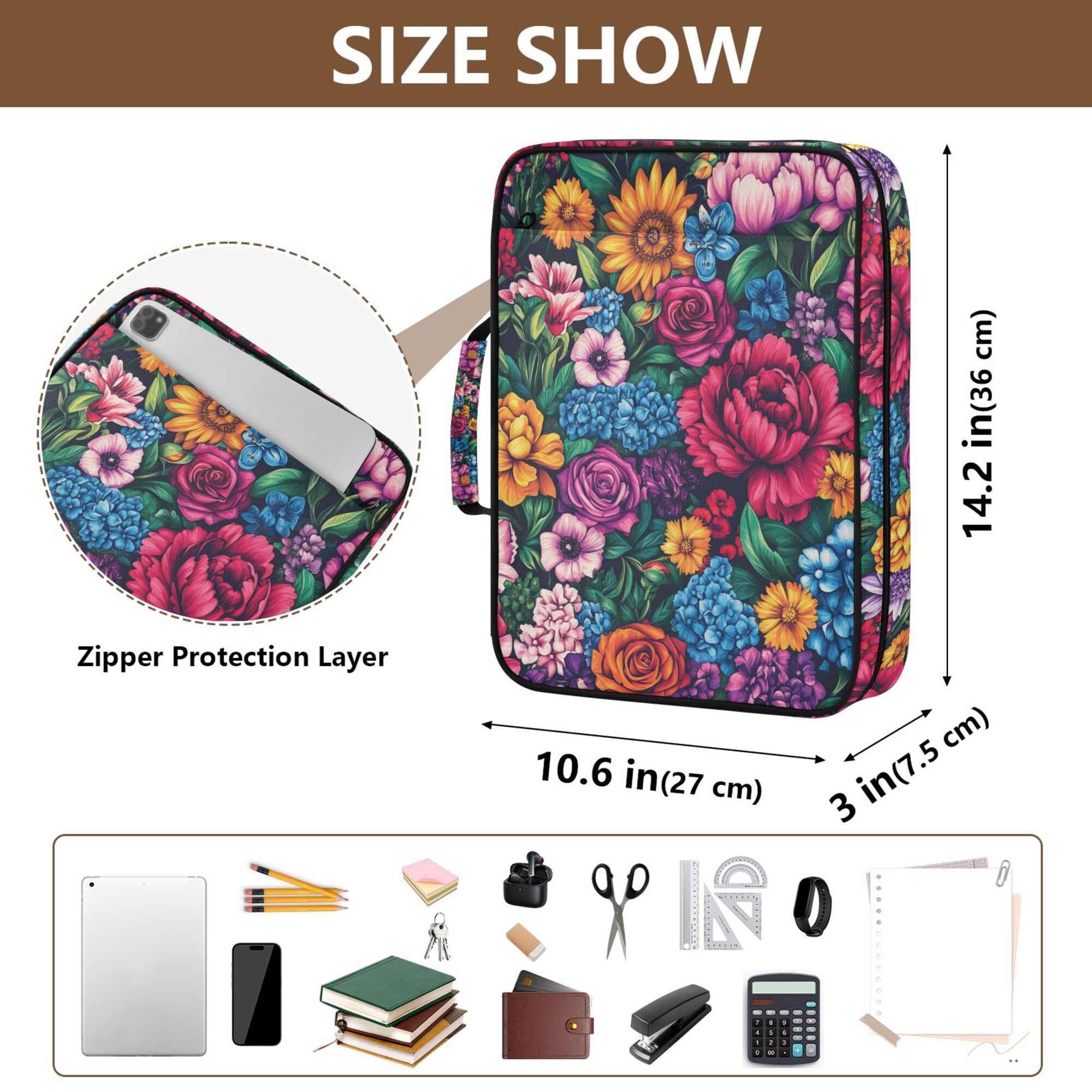 FORMRS Accordion File Folder A4 Size 7-Pocket Expanding Document Organizer Bag with 3 Ring Binder, Charming Floral Pattern