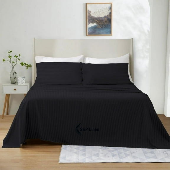 400 Thread Count 4 Piece Quality Sheet Set 15 Inch Deep Pocket 100% Egyptian Cotton Color Black Stripe Size Full