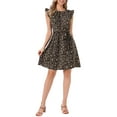 thumbnail image 2 of INSPIRE CHIC Leopard Ruffled Sleeve Dress for Women's Round Neck Flowy Belted A-Line Dress XS Brown, 2 of 6