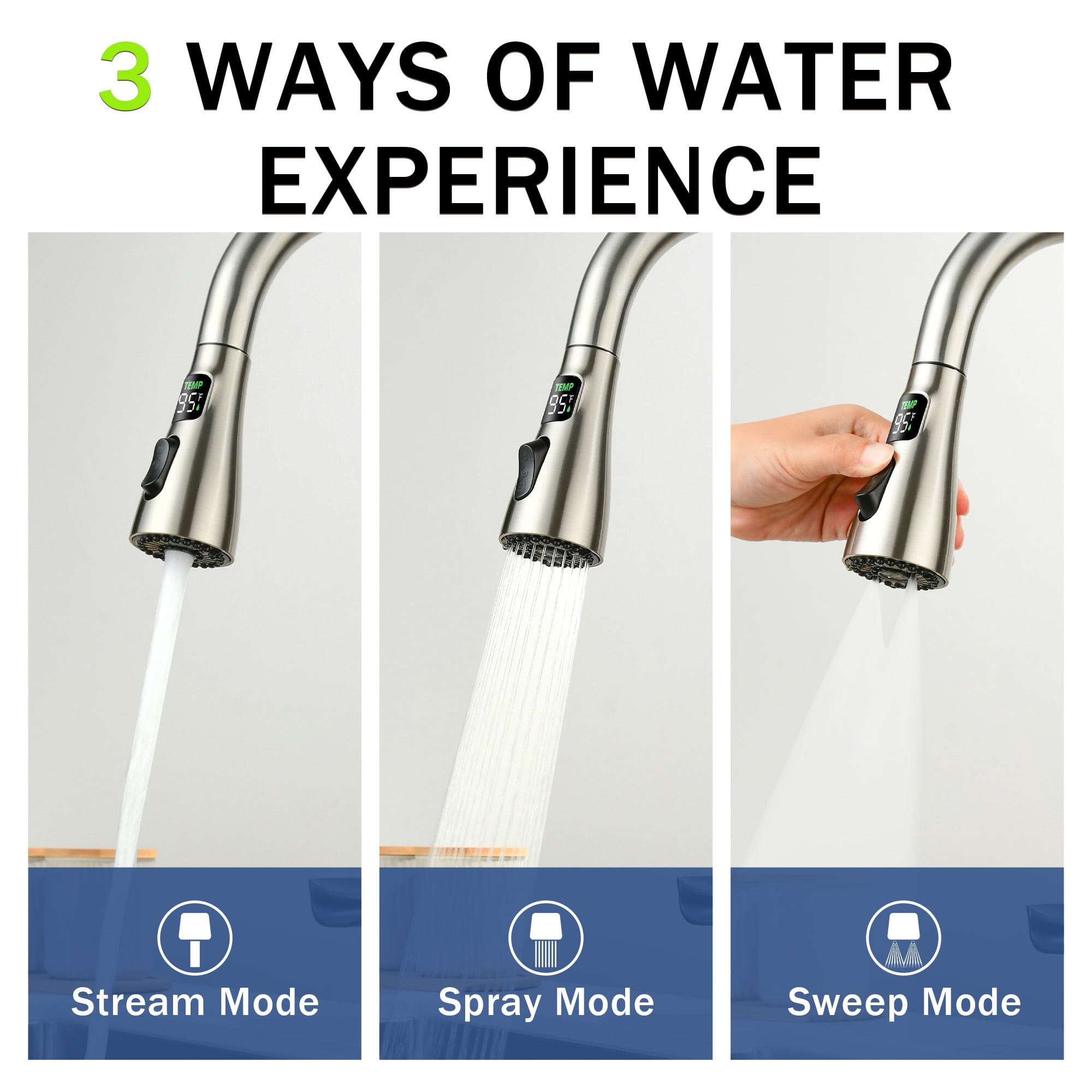 SUNRINX 3-in-1 Kitchen Faucet with LED Temperature Display and Glass Rinser, Brushed Nickel