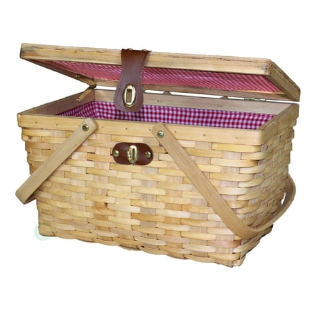 Large Gingham Lined Wood Picnic Basket