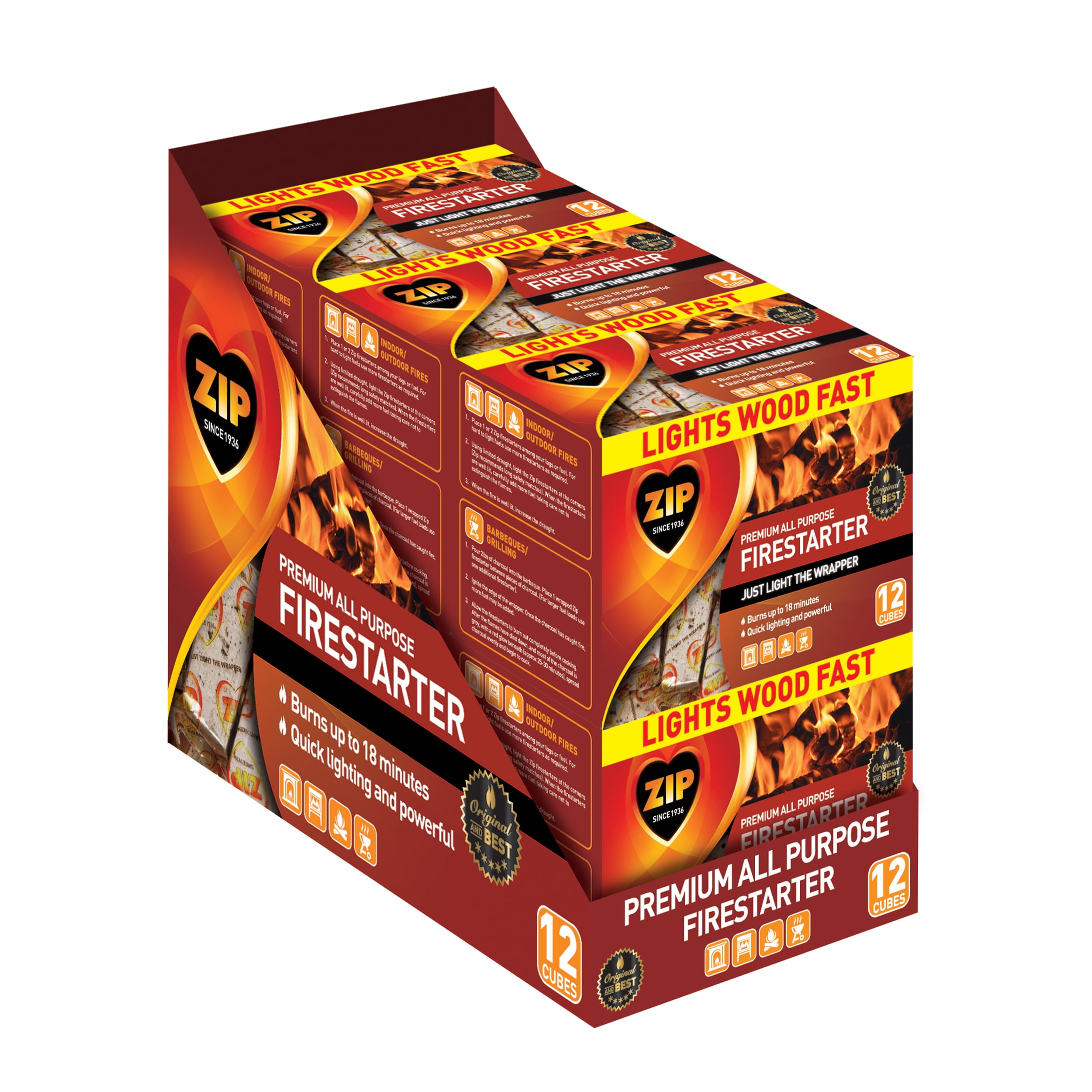 Zip Firestarters Premium All Purpose Wrapped Fire Starters 12 Pack, for Wood or Charcoal