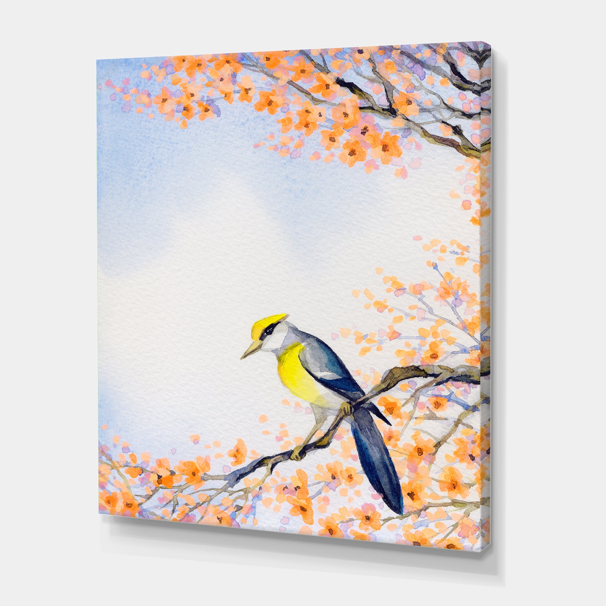 Designart ' Beautiful Blue Bird Sitting On Flowering Branch II ' Traditional Canvas Wall Art Print