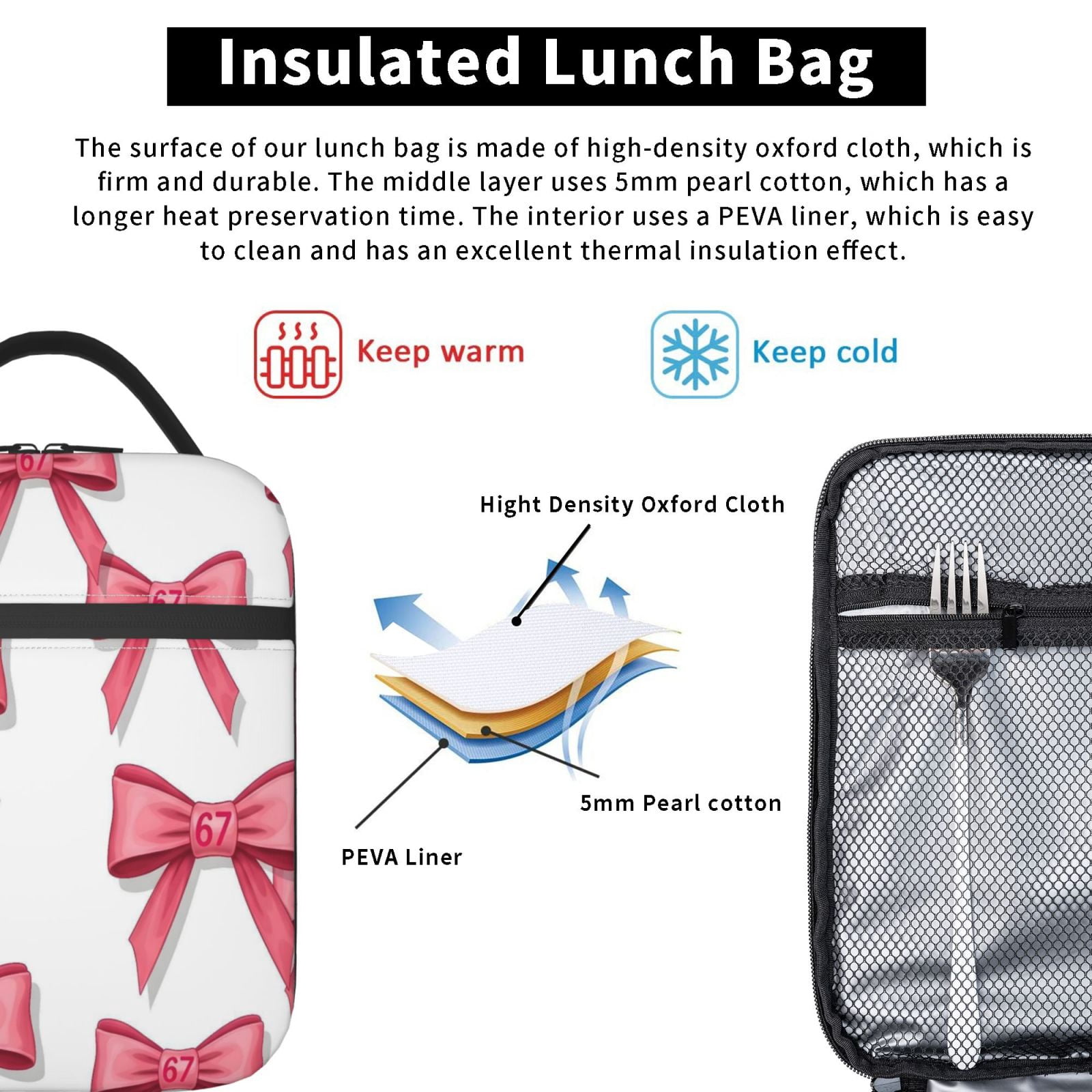 Lunch Bag For Women Men Insulated Portable Lunch Box Bento Box Office Picnic Travel Cooler Bag Pink Ribbon Pattern 67 (3)