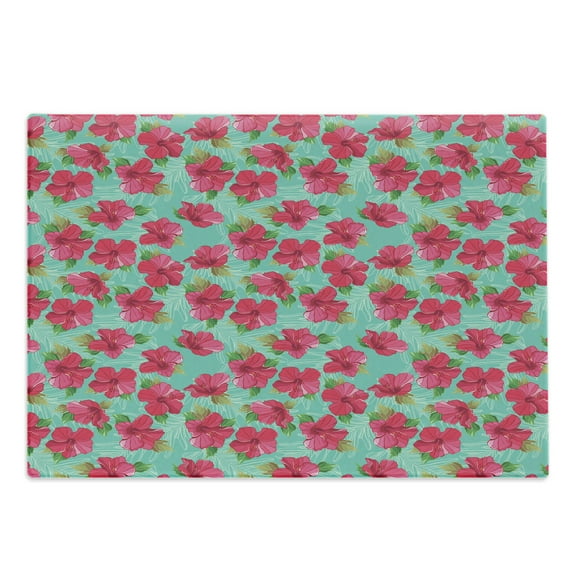 Hawaiian Cutting Board, Botanical Garden Pattern with Pink Hibiscus Blossoms Aloha Nature, Decorative Tempered Glass Cutting and Serving Board, Large Size, Magenta Seafoam, by Ambesonne