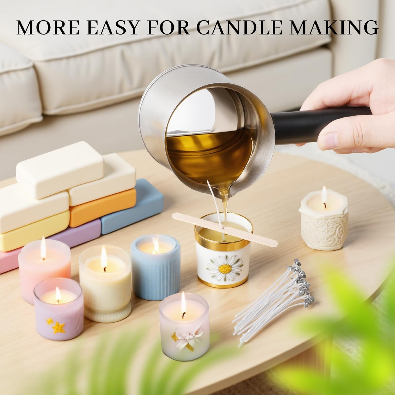 Wax Melter for Candle Making Soy Making Kit with Melting Pot DIY Candles Supplies Including 1lbs Wax Melter Stirring Spoon Wicks and Centering Device