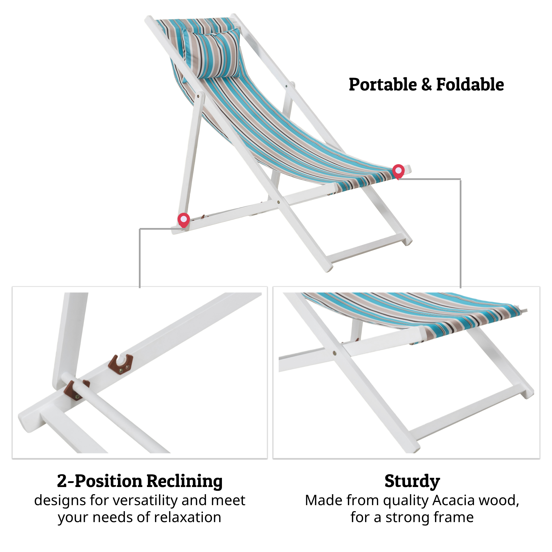 Sunjoy Belton Folding Reclining Beach Chair with Cushioned Headrest, Wood Sling Chair for Outdoor Seating, Lightweight Camping Chaise Lounge Chair - image 4 of 11