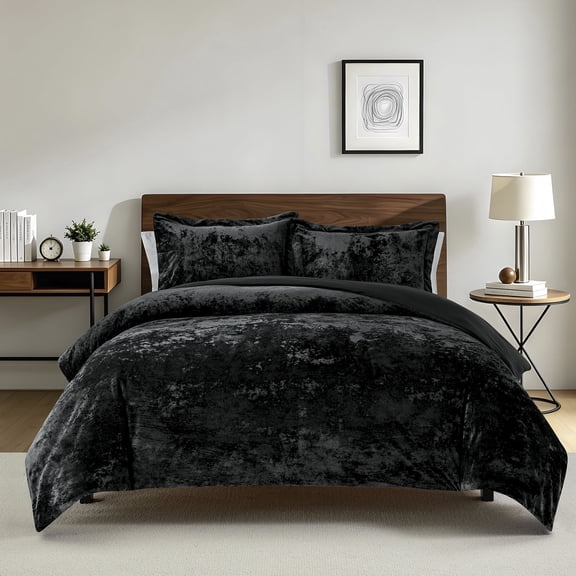Luxury Velvet Comforter Set, 3 Pieces Queen Size with 2 Pillow Shams, Distressed Velvet Front and Brushed Solid Microfiber Back, All Season Cozy, Soft, Warm, Lightweight,Black