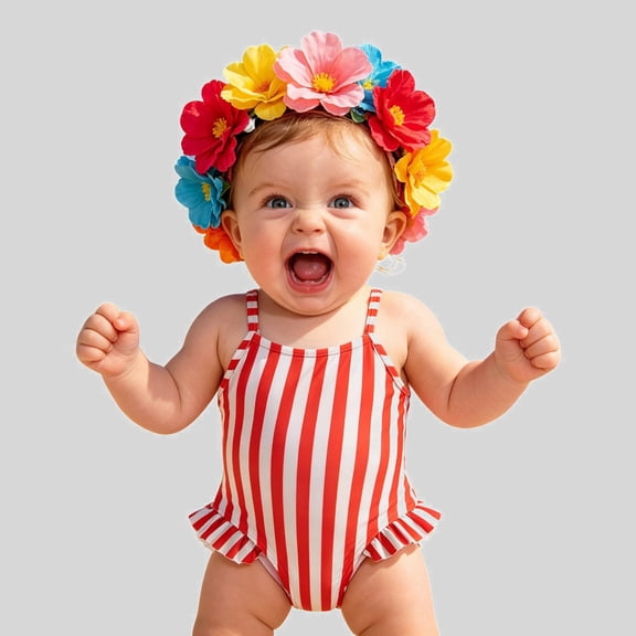 Ticikt Toddler Girls Red & White Striped Swimsuit, Ruffle Hem One-Piece Swimwear 6M-2Y