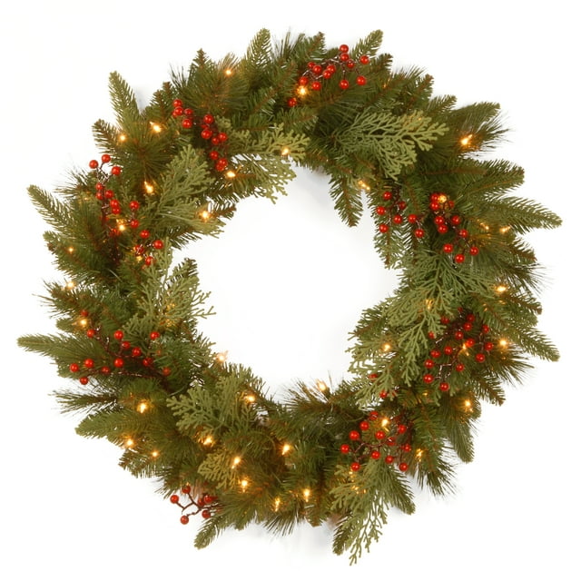 24" Feel Real(R) Classical Collection Wreath with 8 Red Berries, 8 Cedar Leaves & 50 Battery Operated Warm White LED Lights w/Timer