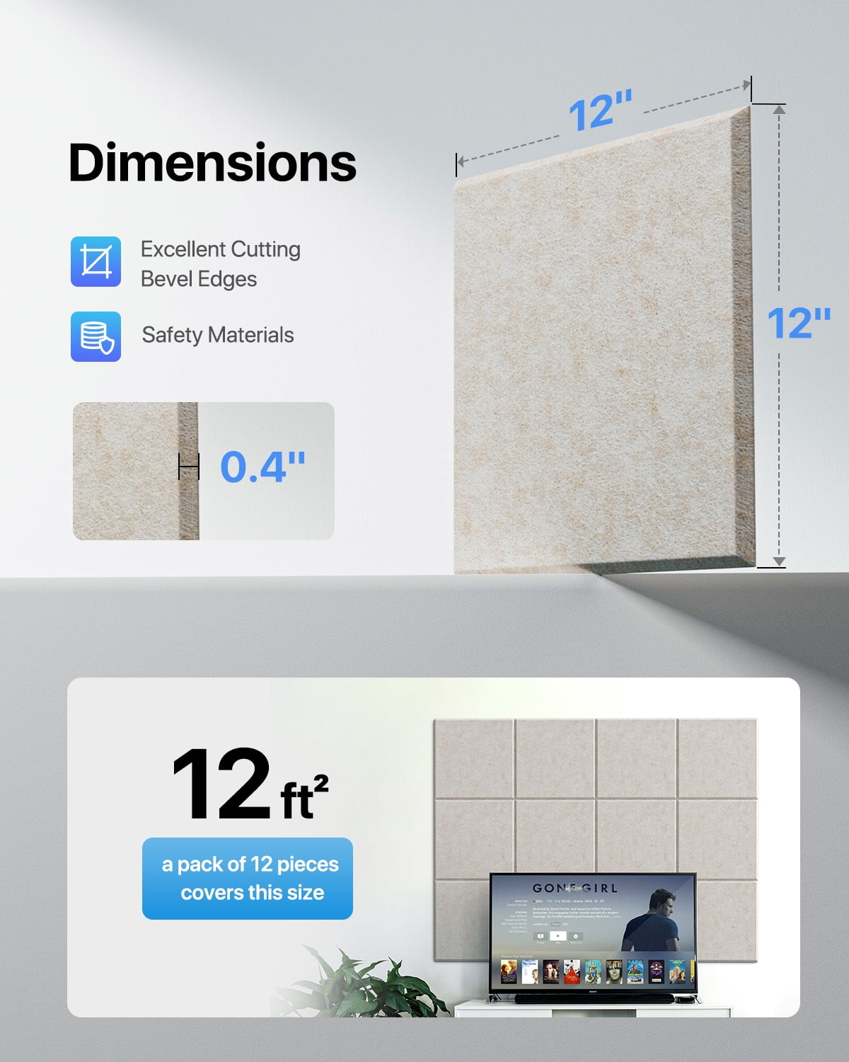 Soundsbay Soundproof Wall Panels Square Self-Adhesive Soundproof Absorbing Noise Cancelling Wall Panels 12 Pack Beige 12'' x 12'' x 0.4''
