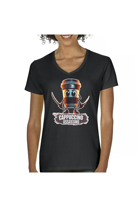 Cappuccino Assassino Women's V-Neck T-shirt Fun Italian Brainrot Gen Z Alpha Meme