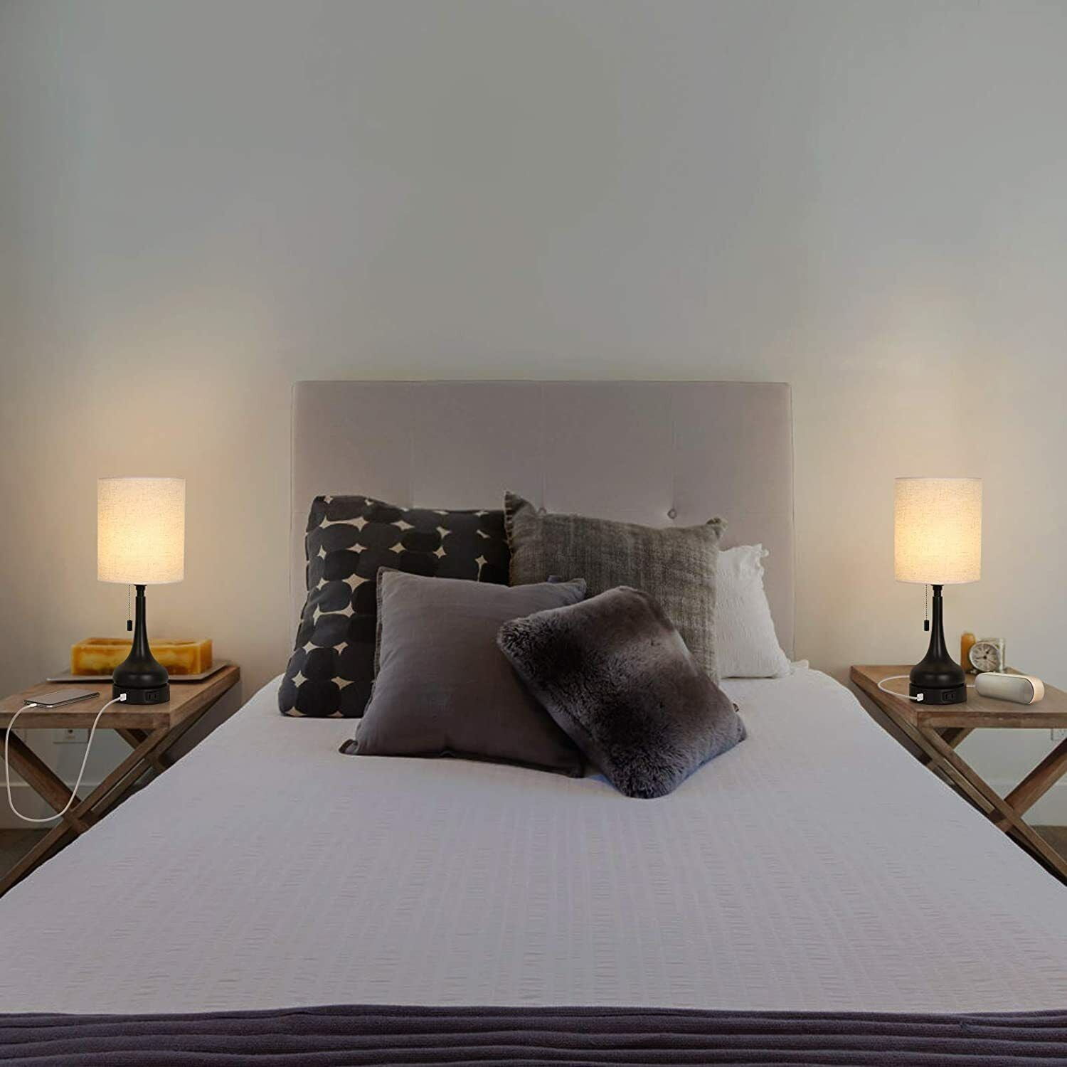 Set of 2 Bedside Lamps with Dual USB & Outlet- USB Lamps with Pull Chain Switch