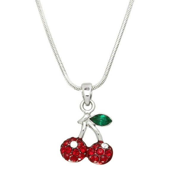Cherry Pendant Necklace, Rhinestone Crystal, Rhodium Plated, 17 Inch Snake Chain - J0341