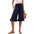 thumbnail image 2 of Cotton Linen Ruffle Hem Culottes for Women 2026 Casual Lightweight Shorts Smocked Waist Wide Leg Short Pants Navy L, 2 of 7