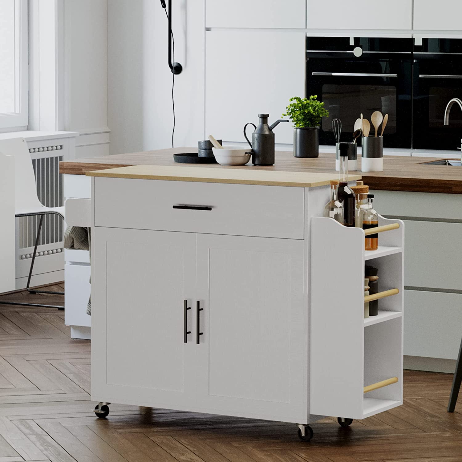 IRONCK Rolling Kitchen Island with Storage, with Storage Cabinet, Drawer, Spice Rack, Towel Rack, Kitchen Cart Table for Kitchen, White IRONCK Rolling Kitchen Island with Storage, with Storage Cabinet, Drawer, Spice Rack, Towel Rack, Kitchen Cart Table for Kitchen, White