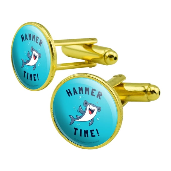 Hammerhead Shark Hammer Time Funny Humor Round Cufflink Set Gold Color