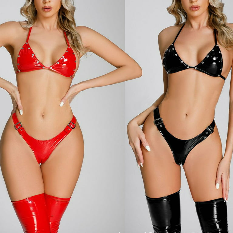 Women Patent Leather Bikini Briefs Wetlook Low Rise Micro Thong