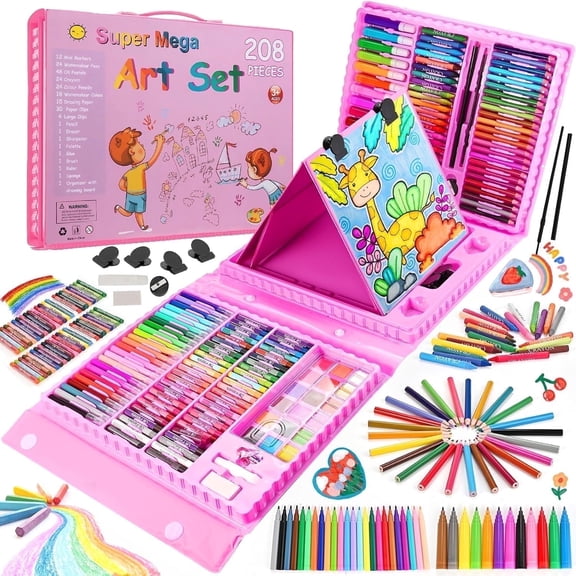 LINXUXIE 208-Piece Art Supplies for Kids Ages 1-12,Drawing Set, Double Sided Trifold Easel,Crayon,Gift for Girls Boys