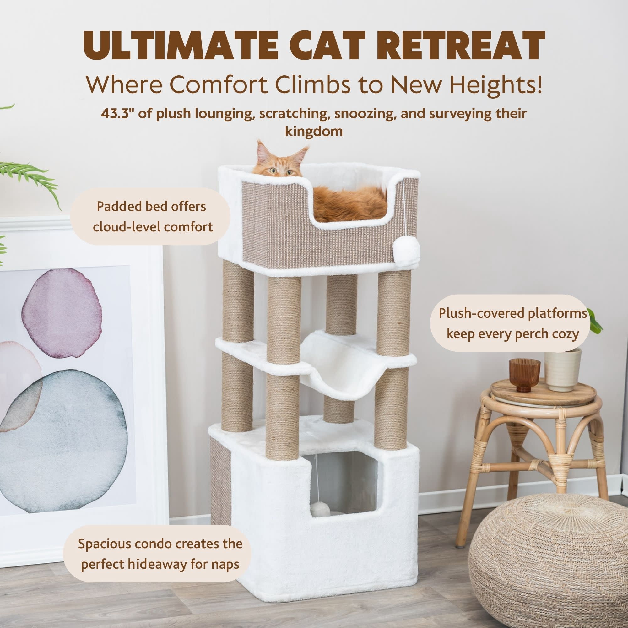 TRIXIE Lucano Xxl 43.3" Multi-Level Cat Tree with Sisal Scratching Posts, Condo & Hanging Cat Toy, Taupe