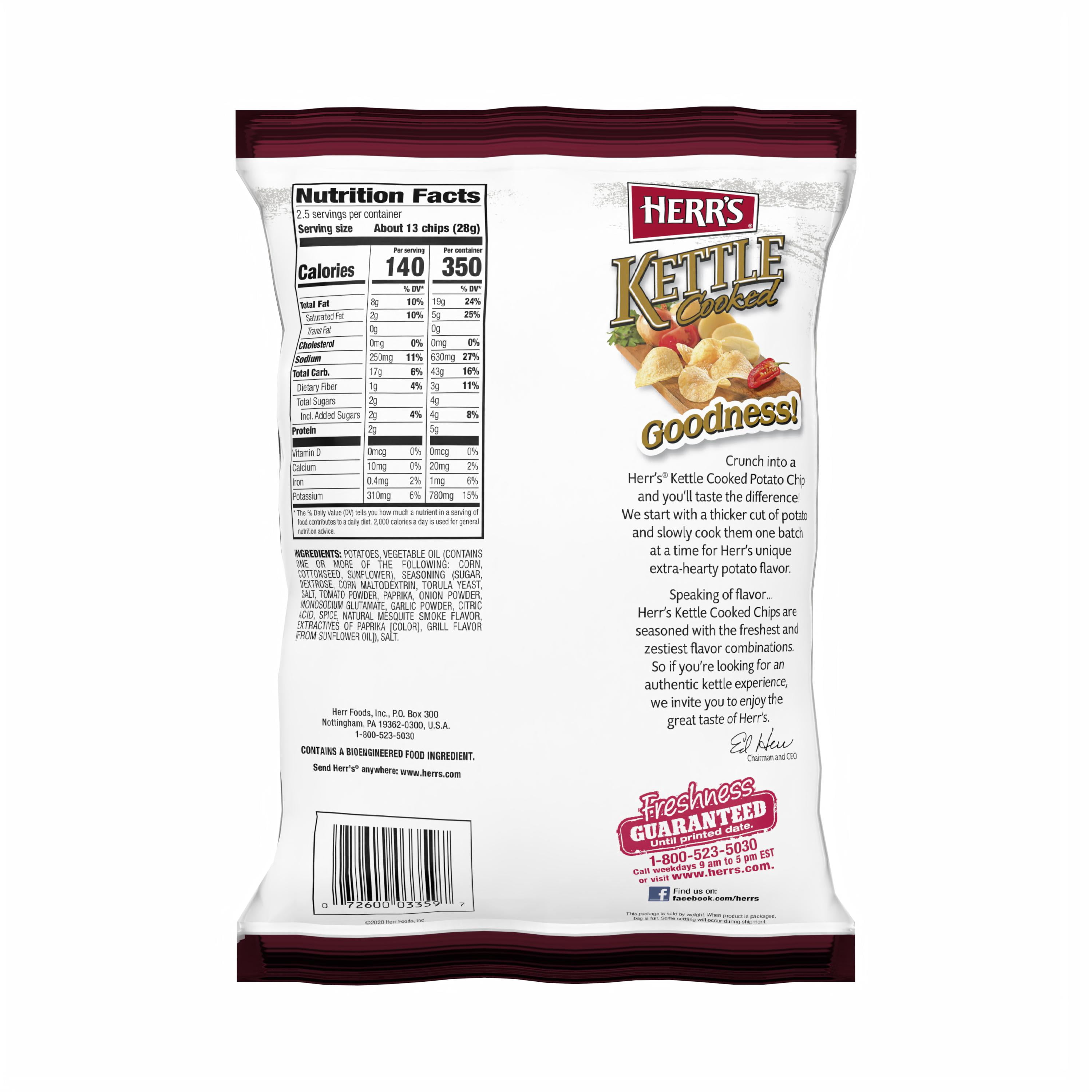 Herr's Kettle Cooked Mesquite BBQ Flavored Potato Chips, 2.5 oz